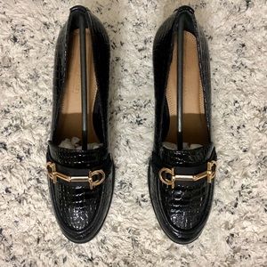 asos design stirrup heeled loafers